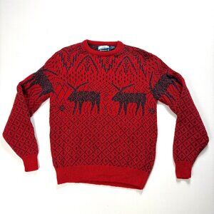 Vintage Fieldmaster Mens Wool Blend Moose Sweater Red Sz S/M Made in USA Nordic